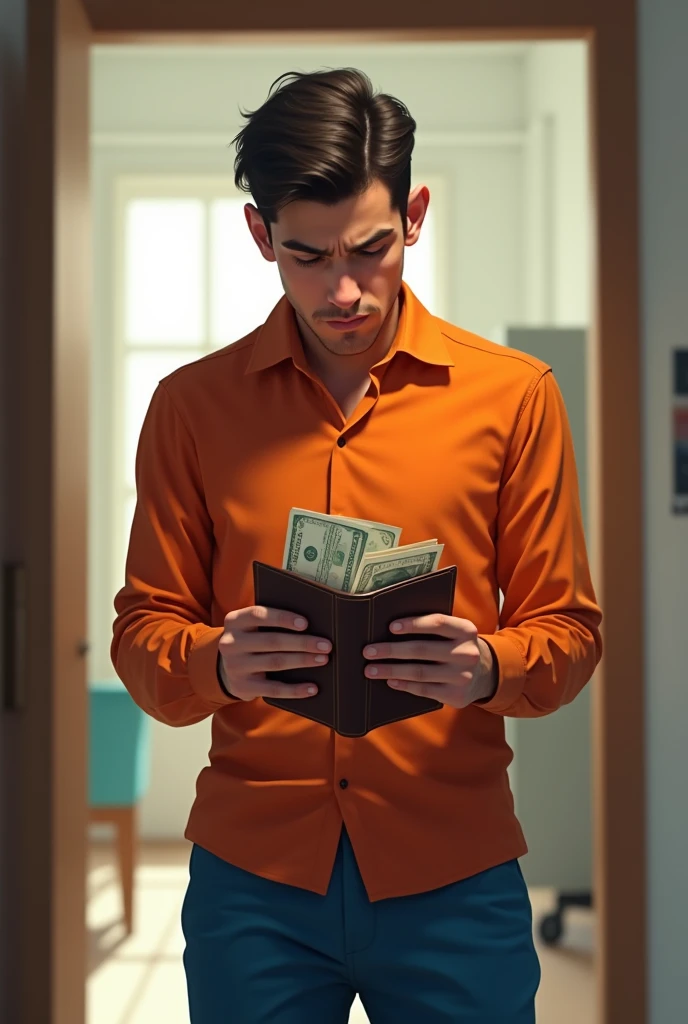 Andrés opens his wallet and sees the money along with his personal documents.. Temptation and worry are reflected on his face.. Andres is a young man who wears orange clothes and blue pants younger