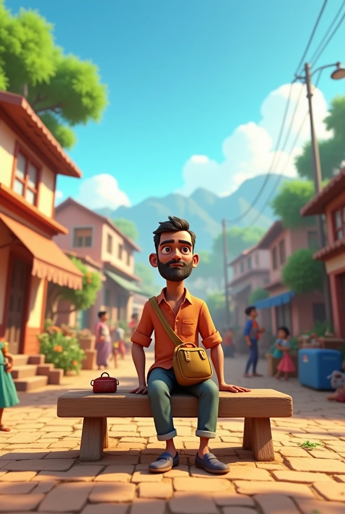 "Create a cinematic 3d cartoon style" Create a beautiful village whose name should be Garahatha Khurd on board. and a man is sitting with a bag waiting for the bus.