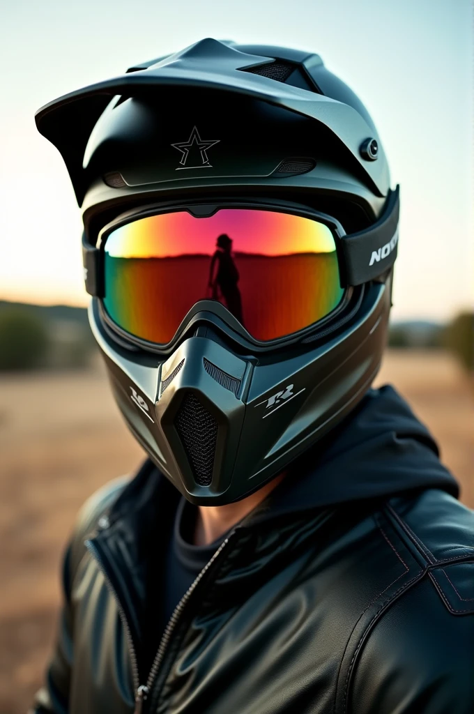 A selfie of a dark-skinned man wearing a black motocross helmet with dark green details, iridescent polarized motocross goggles . The helmet, The glasses completely cover his face and nose... The scene takes place outdoors, in natural daylight, with an open landscape in the background showing distant trees and hills, leather jacket
