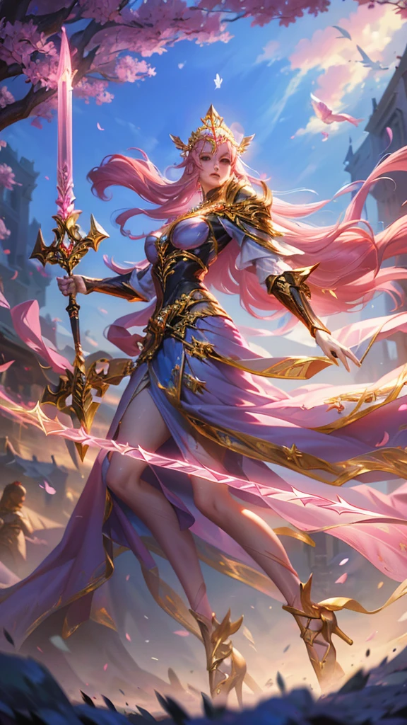 a saint joan of arc,Long flowing pink hair,head ornaments,Big breasts,Neck gemstone jewelry,Breast Binding,mini lace skirt,Steel armor gloves,Steel armor long high heels,.best quality,masterpiece,Ultra-high resolution（2：0）,Hand Magic Weapon,Weapon Attached Magic Rune Art,