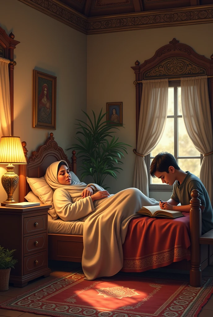 Inside a cottage, a middle-aged lady is lying on a bed with a blanket on her. 
His twelve-year-old son is sitting next to him and studying. The scene will be Arabic.