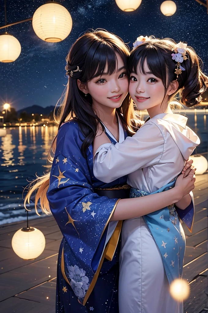 On a starry night, two beautiful girls in kimonos are looking at each other, smiling and having fun with their faces close together.