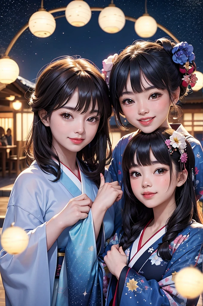 On a starry night, two beautiful girls in kimonos are looking at each other, smiling and having fun with their faces close together.