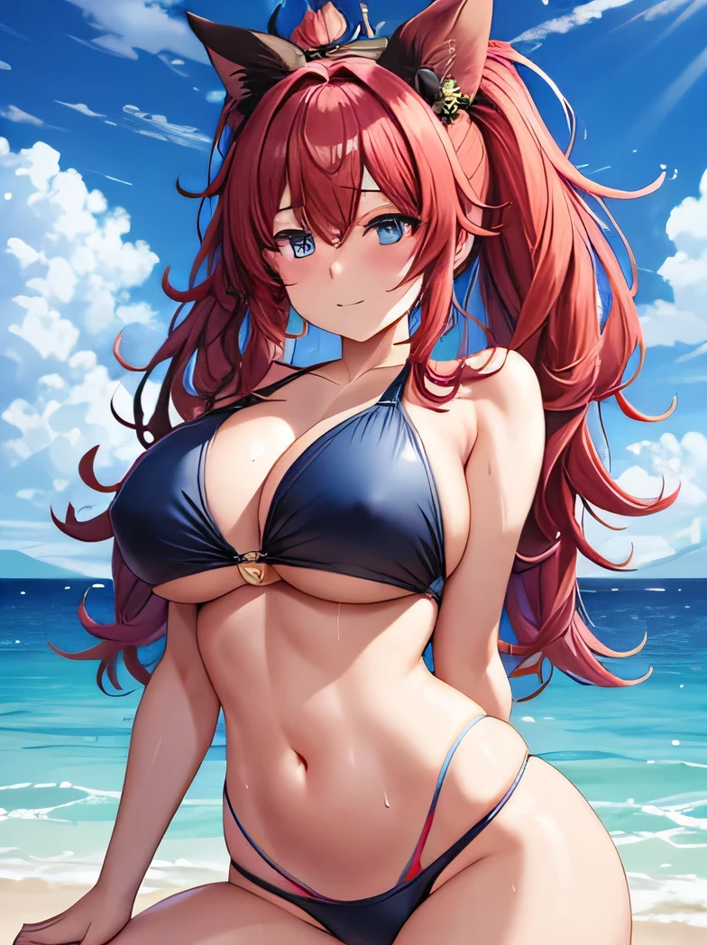 ((massive boob)), cleavage, chubby, belly, big butt, see through bikini, sweaty, cute face, small face, summer, long hair, red hair, girl, sweaty, blue ocean, blue sky