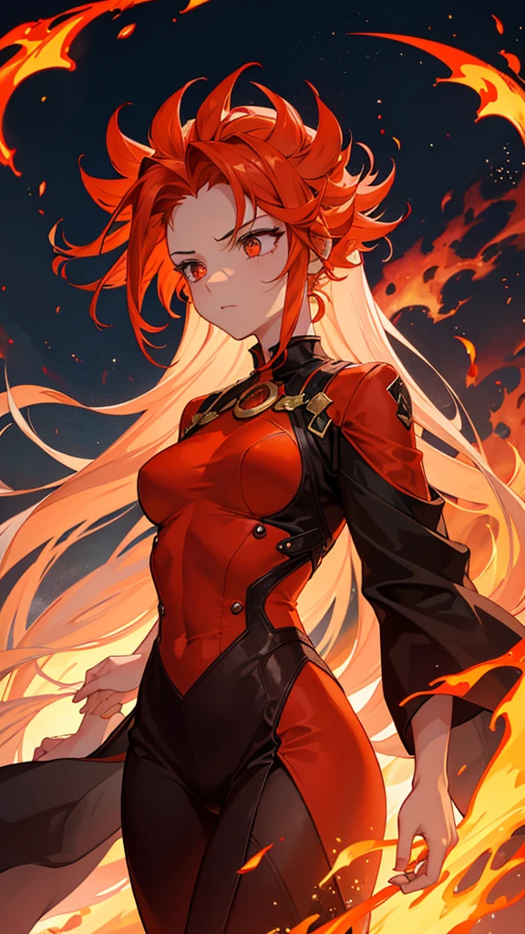 A fiery landscape with a powerful fire spirit at the center. The background is a glowing red and orange sky, with the sun setting behind mountains. Flames dance around the figure, who stands with an intense and determined expression. Their eyes glow like embers, and their hair is made of fire, flowing upwards. The spirit's body is muscular, exuding strength, and their clothing is made of flickering flames. The ground beneath them is charred but not burning, as if controlled by the spirit's will. Sparks fly in the air, creating a dramatic and intense atmosphere.