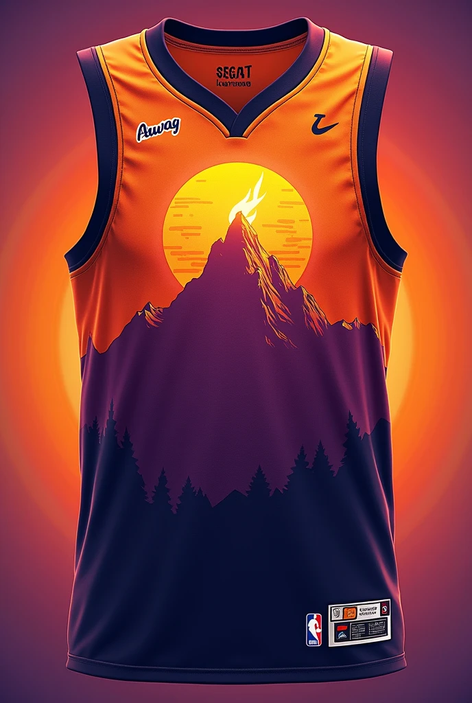 Create a basketball jersey layout front and back, the design is mountain with rising sun and a torch but the fire is a burning basketball ball, the team name is LAWAG. Combinations of color is orange abd violet, base of Phoenix suns