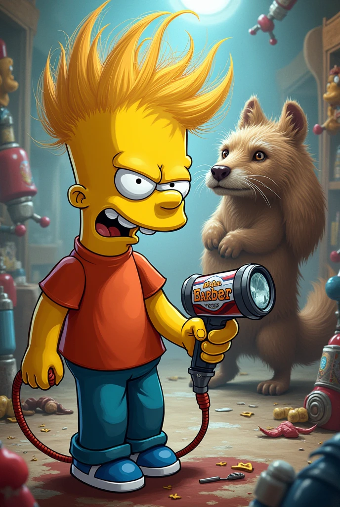 Bart Simpsons with the Magic clip hair cutting machine in his right hand cutting Taz's hair mania in the background barber logo written lg