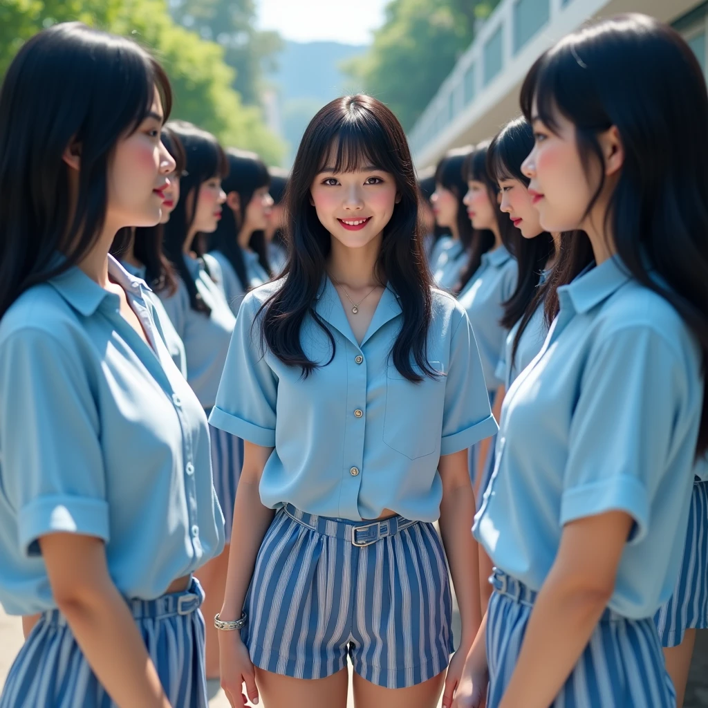 (((((Japanese Clone-girls=Myself))))), (((Super Best Perfect Clone-girls Raw Photography Art), (16K, Highest quality, Ultra-high resolution, Real Photography, RAW quality))), (((It's so unrealistic., An astonishing world view, With an unfathomable sight, In an out-of-this-world situation, In a world where Myself Clone-girls are multiplying in large numbers, Ultra-realistic, Delusion))), (((Japanese Girls, hashimoto-kanna, 17yo, Small face, Thick black hair, Semi-long hair, Dark Eyes, Mature face, Cute Smile, Smiling face, A gentle gaze, (((Very happy laughter)))))), (((Very beautiful detailed girls, Accurate body structure, Accurate body movements, Very detailed body, (((Big Breasts, J-Cup)))))), (((Summer Girls' School Uniform, Light blue shirt, I can see the cleavage, Big Breasts強調, blue and white striped mini skirt))), ((((((((Very detailed, Myself cloning, Depiction of splitting oneself, 1Myself girl-cloning-1,000,000,000,000,000,000,000,000,000,000Myself clone-girls)))))))), (((((((Very detailed clone depiction, (((The same perfect female body as Myself, Myself and the same perfect face, Perfect same hairstyle as Myself, Myself and the perfect same outfit, Perfect height with myself, Myself and perfect J-Cup)))))))))), (((((Myself clone-girls only))))), (((((1,000,000,000,000,000,000,000,000,000,000Myself clone-girls))))), (((Very detailed, Extremely crowded, Body-to-body contact with no gaps))), (Bright and soft lighting), (((((Clear and accurate perspective depiction, super wide view, Ultra-wide field of view, Focus on the average value of the image))))), (((((Myself clone-girls, With very detailed depiction, Pleasant conversation, Holding hands, Hug, Skinship between thousands of Myselves)))))