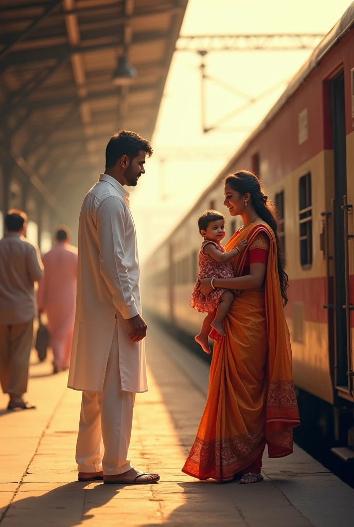 Create an image of a family having 3 members husband wife and their daughter, husband is in white dress and stand near a indian railway at railway station and wife is deboard the train having their daughter in the lap.