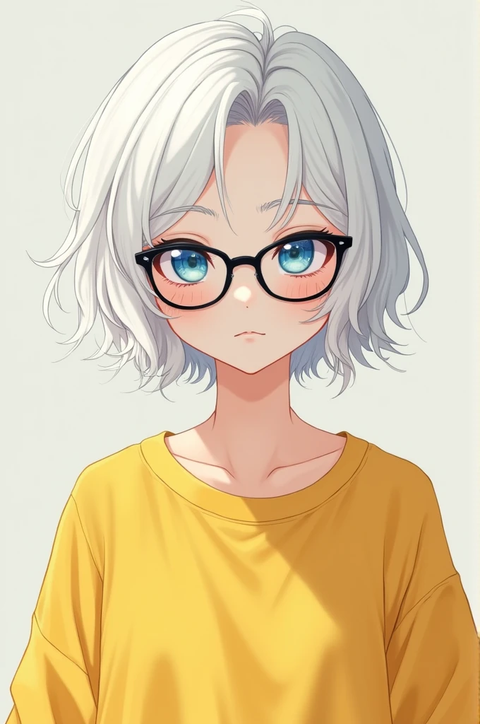 Girl with short white hair, blue eyes
, yellow sweatshirt and glasses