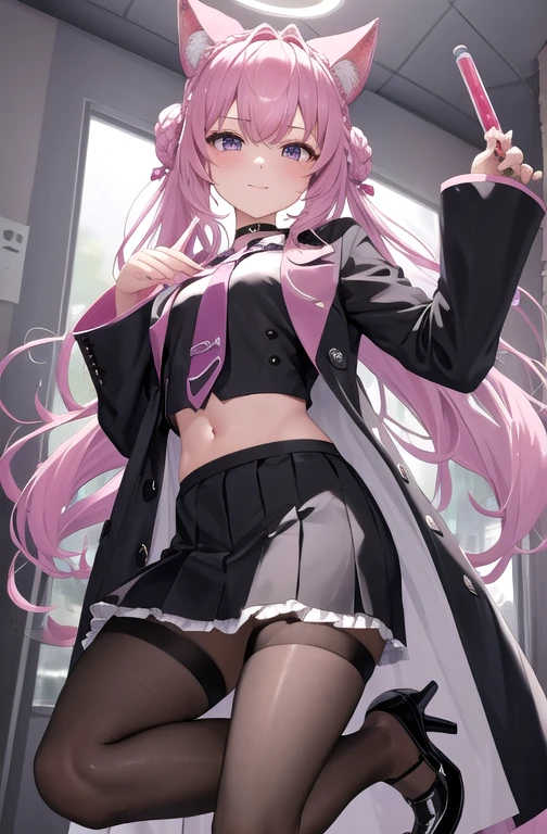 Long Hair, Hair Bun, Double Bang, Braided bun, Crown Blade, Hexagon, choker, black choker, tie, pink tie, shirt, white shirt, collared shirt, Crop top, Crop top overhang, nail, Manicure, ピンクのnail, clock, pocket clock, abdomen, belly button, belt, skirt, miniskirt, black skirt, pleated skirt, Frills, frilled skirt, Test tube, pantyhose, black pantyhose, Thigh straps, shoes, Black footwear, High heels, coat, labcoat, white coat, open coat, Open clothes, Long sleeve, Sleeves are longer than the wrist, pocket, smile, Research Room