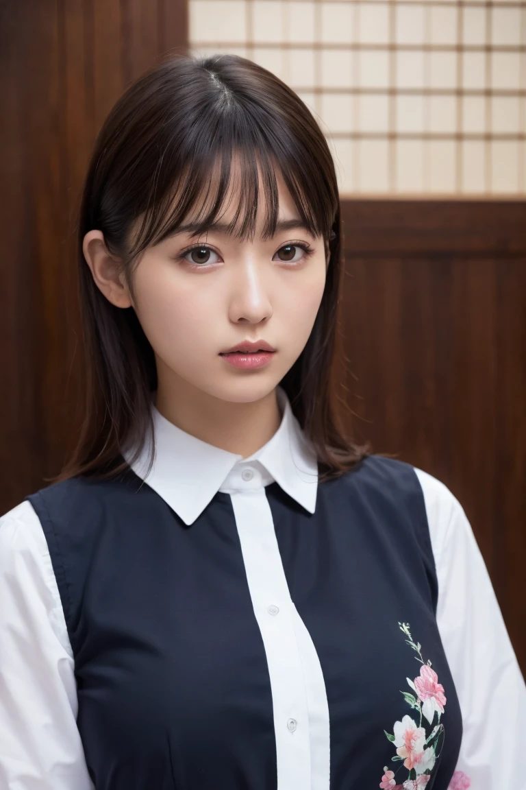 (8K, RAW photo, highest quality, high resolution: 1.1), (Ultra-realistic: 1.4), (Realistic, realistic: 1.3), Japanese beauty, big breasts, white collared blouse, ((upper body: 1.3)), trying to pass on pink panties