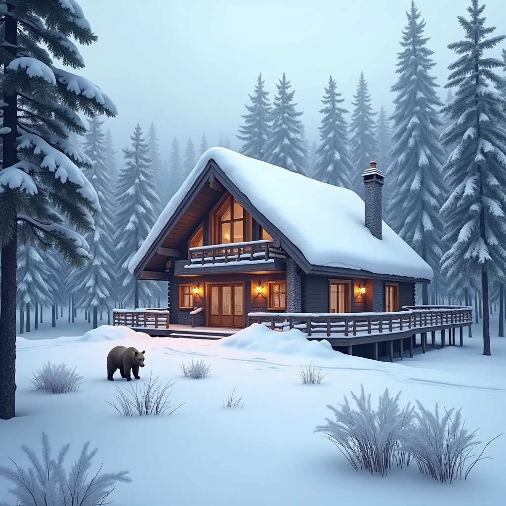 Snow, lodge, bear, Scenery,