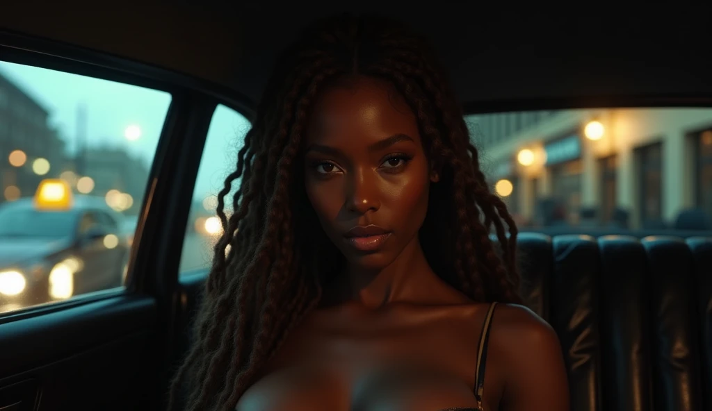 A stunningly beautiful African American woman with long brown dreadlocks with highlights on the ends in the back of a cab looking sexy & sensual, realistic
