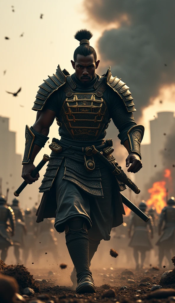 Close-up shot, Low angle shot, (Yasuke “A towering African man over six feet tall, with a muscular build and dark, glistening skin”, now a seasoned samurai, leads a group of warriors into battle. He is clad in his black and gold armor, his katana raised high as he charges forward with a fierce battle cry. His face is a mask of determination and courage, his eyes blazing with intensity. The background is a chaotic battlefield, with soldiers clashing in the distance, smoke rising from burning buildings, and arrows flying through the air. The sky is filled with dark clouds, and the ground is littered with the fallen. Yasuke’s presence is commanding, his every move calculated and deadly as he inspires those around him to fight with honor.) unreal engine, cinematic, hyper-real, highly detailed, Ultra realistic HD --q 2 --v 6.1 --ar 9:16  