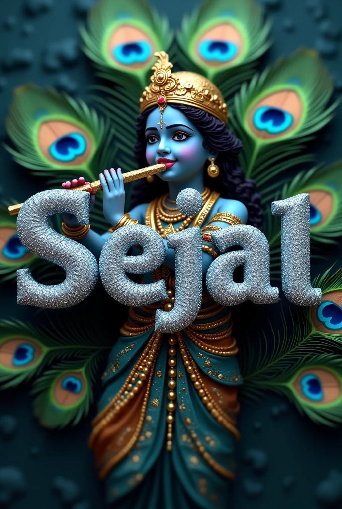 Write name Sejal in  stylish diamond coating letter with background of peacock feathers with krishna holding flute 