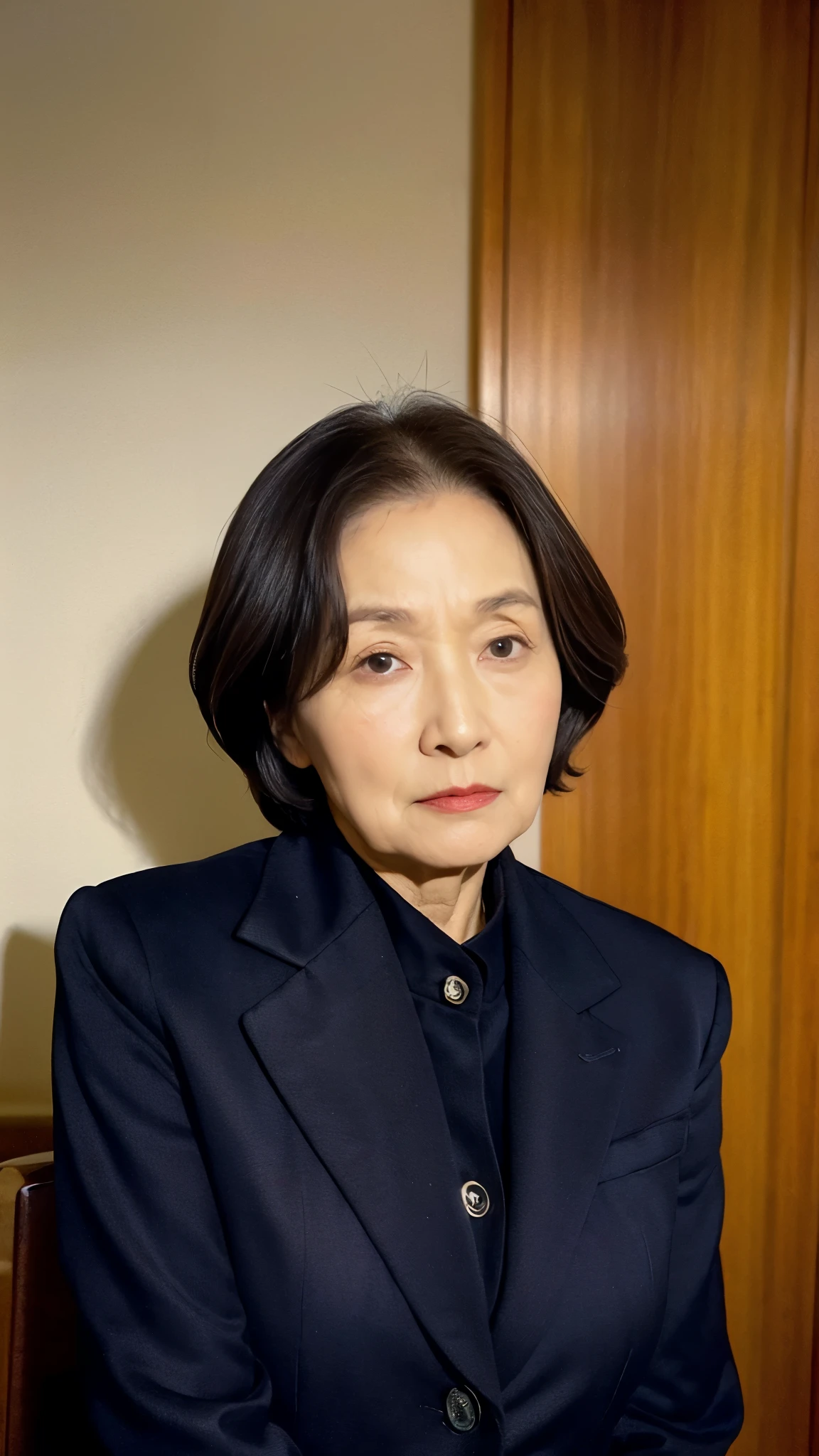 masterpiece, ((Depth of written boundary)), 32K, Beautiful finish, Face close-up, Beautiful mature woman, 90-year-old woman, Photo of your ID, Business operator, chief executive officer(chief executive officer(CEO)), View from the front, angry gaze, Cool look, Red lips, Thin lips, Wearing a suit over underwear, Light from the front,