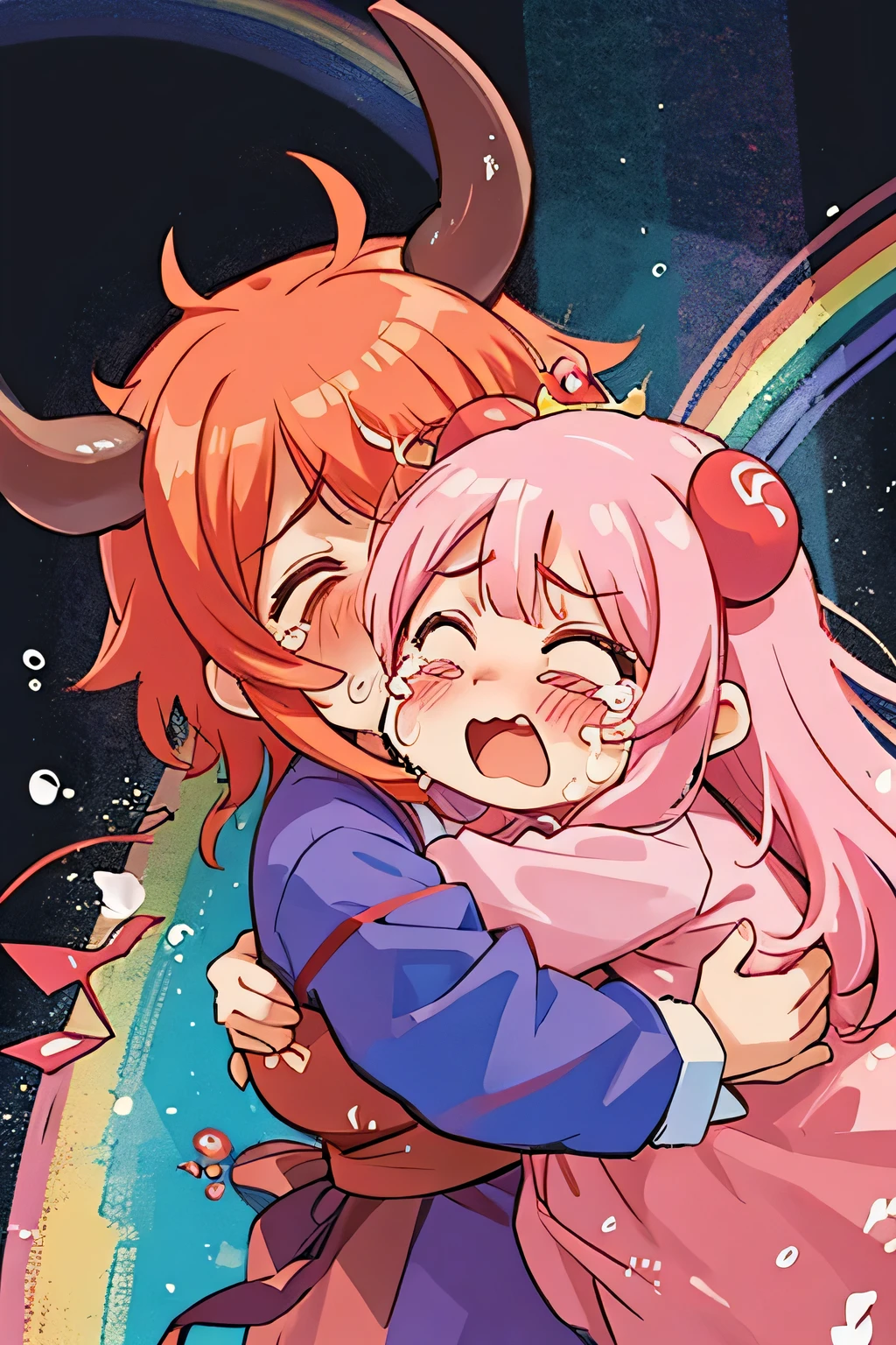 Momoko Sakura colorful style, Kawaii Design, (((Hug with the Demon King))), (((Big tears))), (((rainbow))),