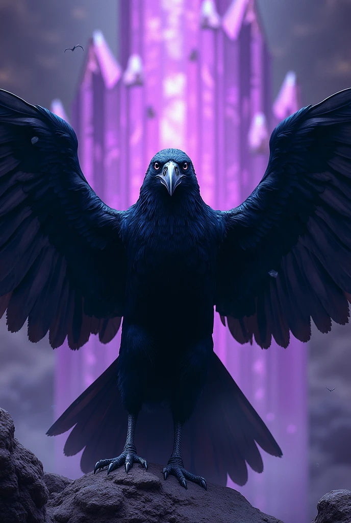 Raven with outstretched wings in the center, and in the background many purple crystals