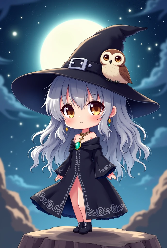 A charming chibi-style illustration of a  dressed as a miniature witch. She has striking brown eyes and long wavy gray hair, perfectly styled to frame her face. Perched atop her black witch's hat, a small owl gazes into the distance. The girl's black gown flows elegantly, adorned with silver patterns and featuring a high slit that reveals a hint of her leg. She accessorizes with silver earrings and a necklace that showcases a captivating green gemstone. The night sky behind her is a masterpiece of swirling stars and a luminous moon, casting a magical glow over the rocky terrain she stands on. The atmosphere is enchanting and whimsical, with a touch of mystical wonder.