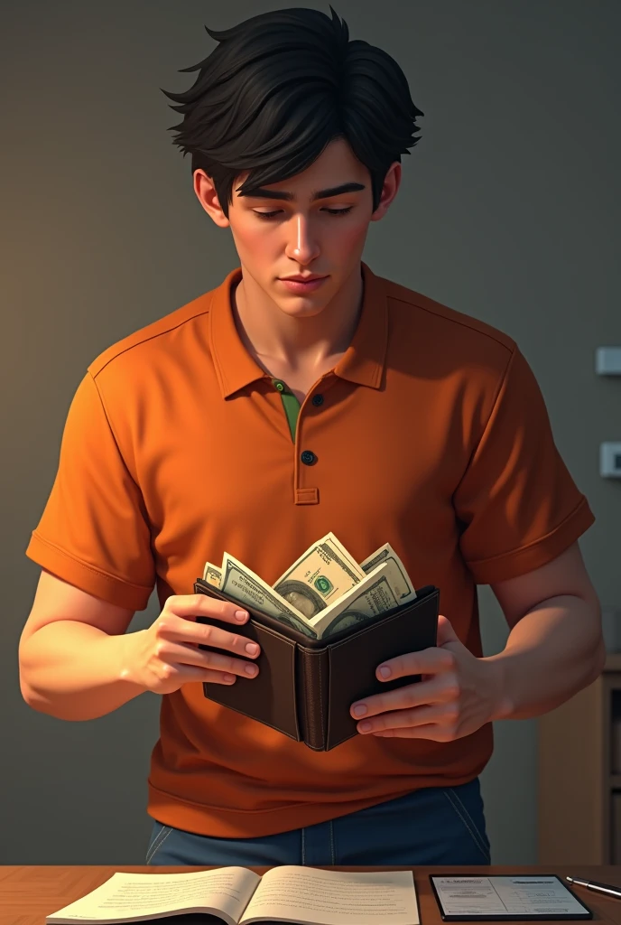 Andrés opens his wallet and sees the money along with his personal documents.. Temptation and worry are reflected on his face.. Andres is a young man who wears orange clothes and blue pants, much younger.