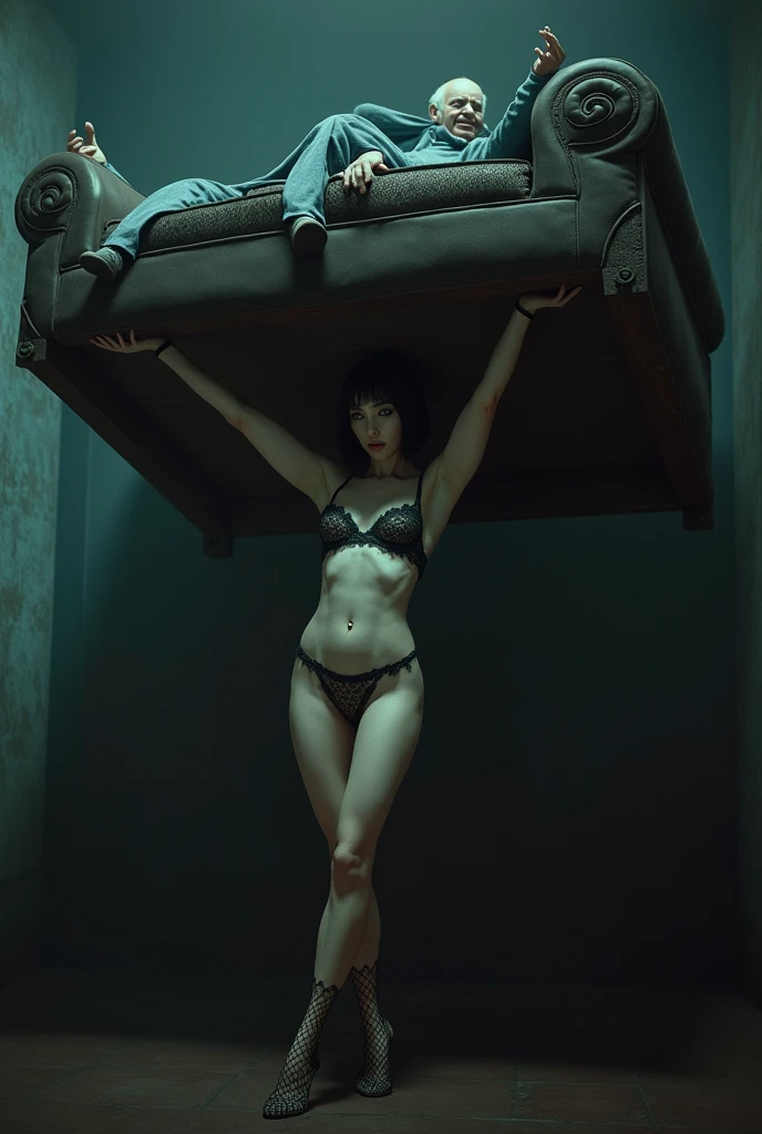 Sexy lingerie girl dark short haircut blue eyes vampire stockings lifts with great force overhead with her arms a large sofa on which her grandfather is sitting with a robe over his head laughing