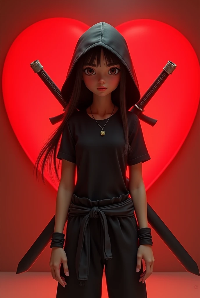 A girl with a black t-shirt and hood, long straight hair, big eyes, small necklace, ninja hat, red heart, bright red heart background, Disney style, very detailed, photorealistic, 8k, cinematic lighting, warm color palette, masterpiece and two swords on the back like a ninja and ninja hat that only shows the face