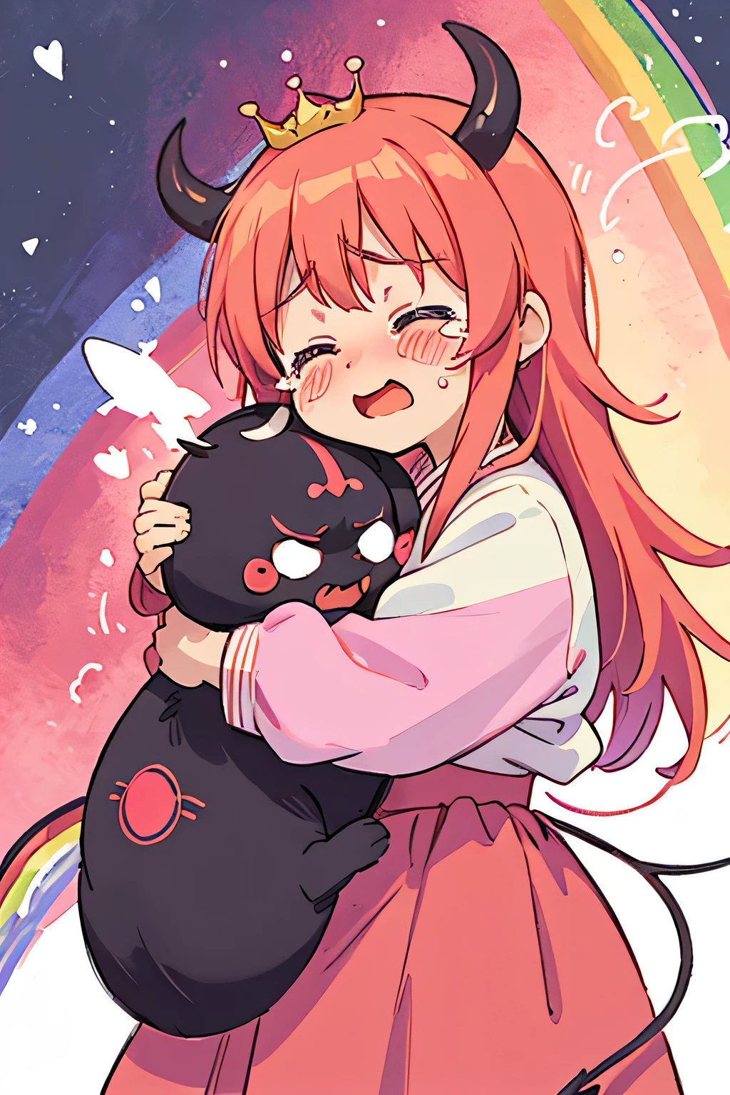 Momoko Sakura colorful style, Kawaii Design, (((Hug with the Demon King))), (((Big tears))), (((rainbow))),
