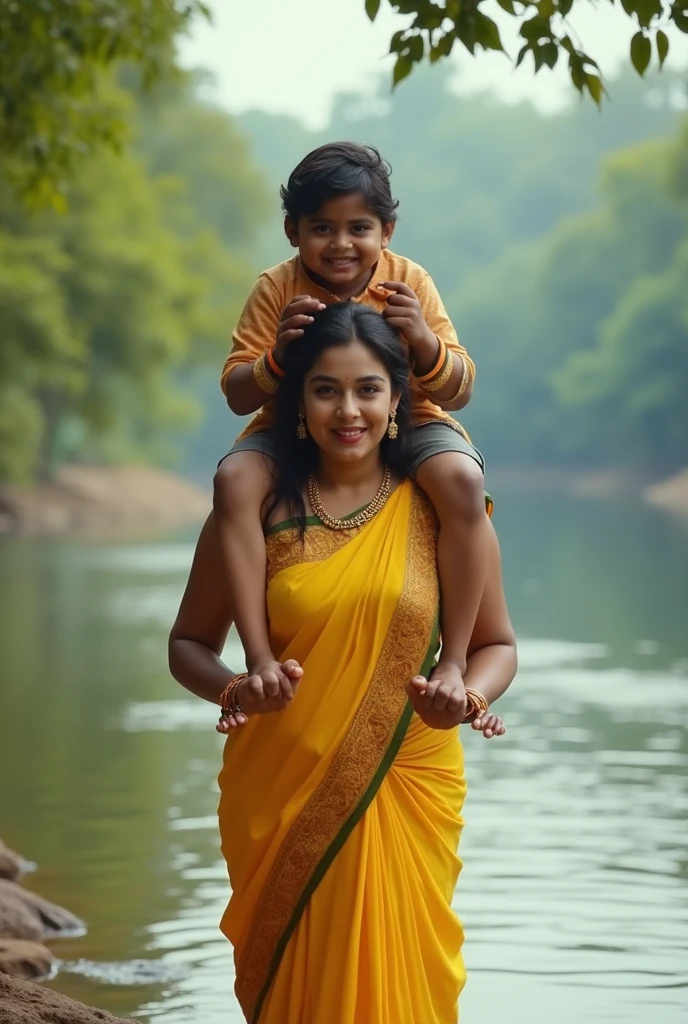 Beautiful and Slim Indian woman Aishwarya Rai in yellow silk saree , lifting a large chubby man above her shoulders, man is sitting on woman's shoulders, natural smile, in a river side 