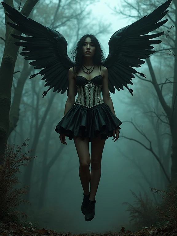 A girl with the image of a fallen angel wearing bone wings and a bone corset, Black Leather Skirt, Flying overhead, Tight panties, dark、Satanic、That's horrible, Many details, Gloomy atmosphere, Very detailed, 8k, Ultra-detailed, masterpiece, in the woods