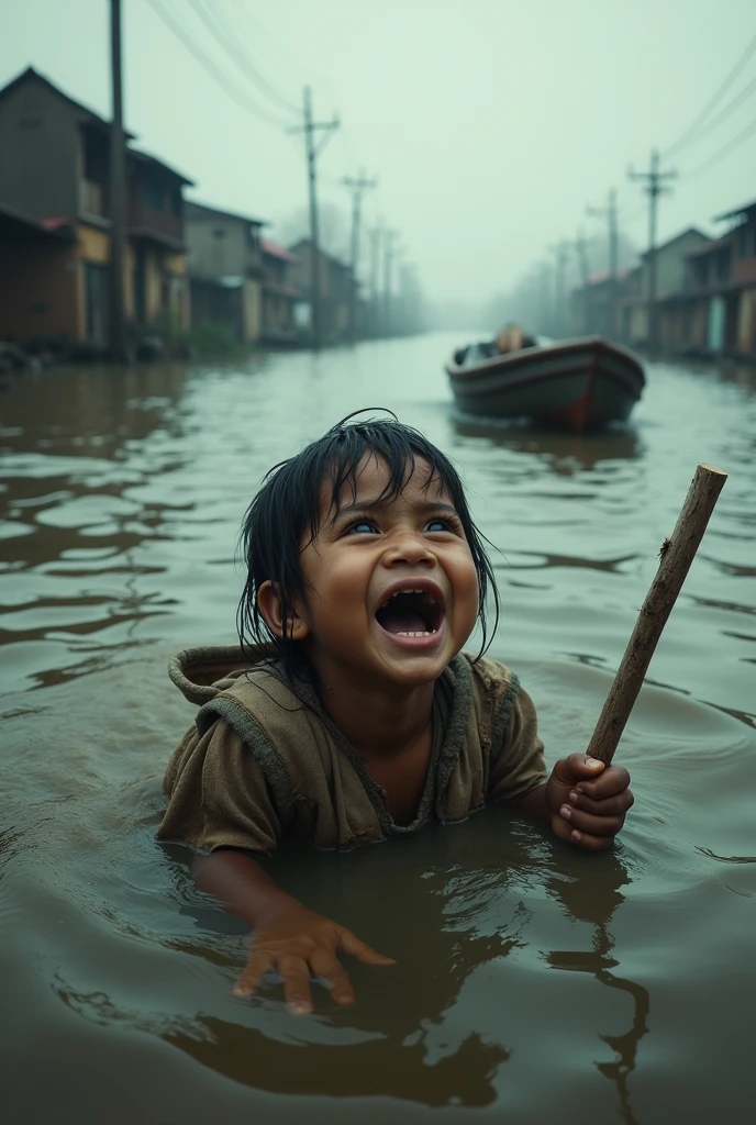 A cries starvingly in floodwaters holding a stick while nearby, a relief boat brings food.