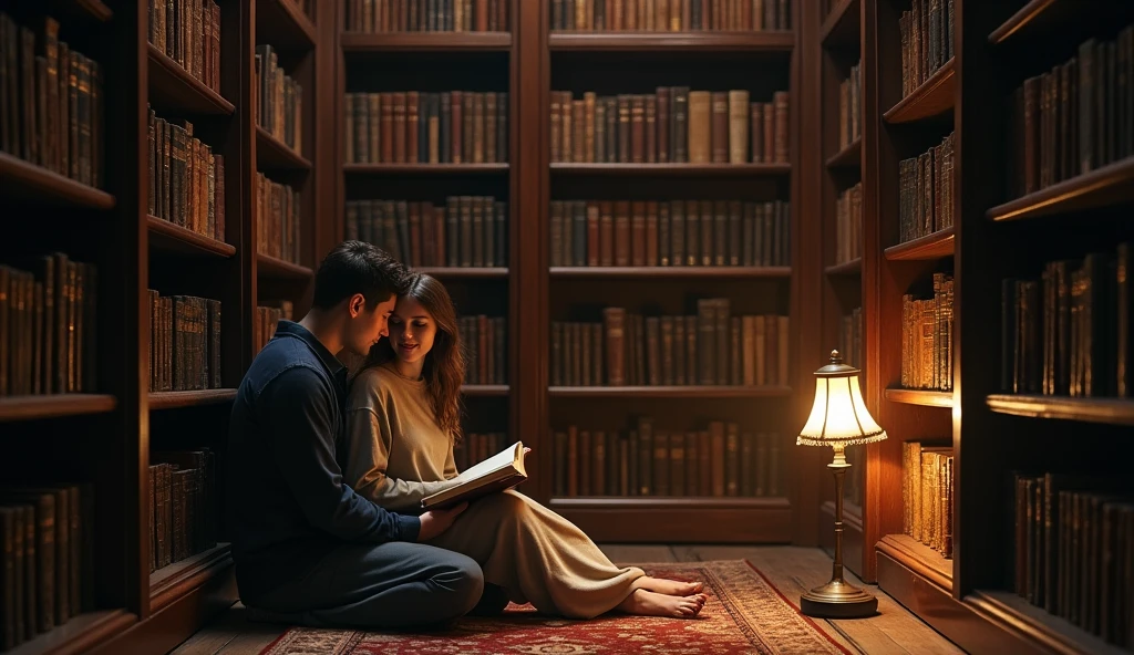 A quiet, old library with wooden shelves filled with books. A couple sits on the floor in a hidden corner, sharing a book. Their heads are close together, and they’re whispering to each other, the dim light from a nearby lamp casting a golden glow over them.