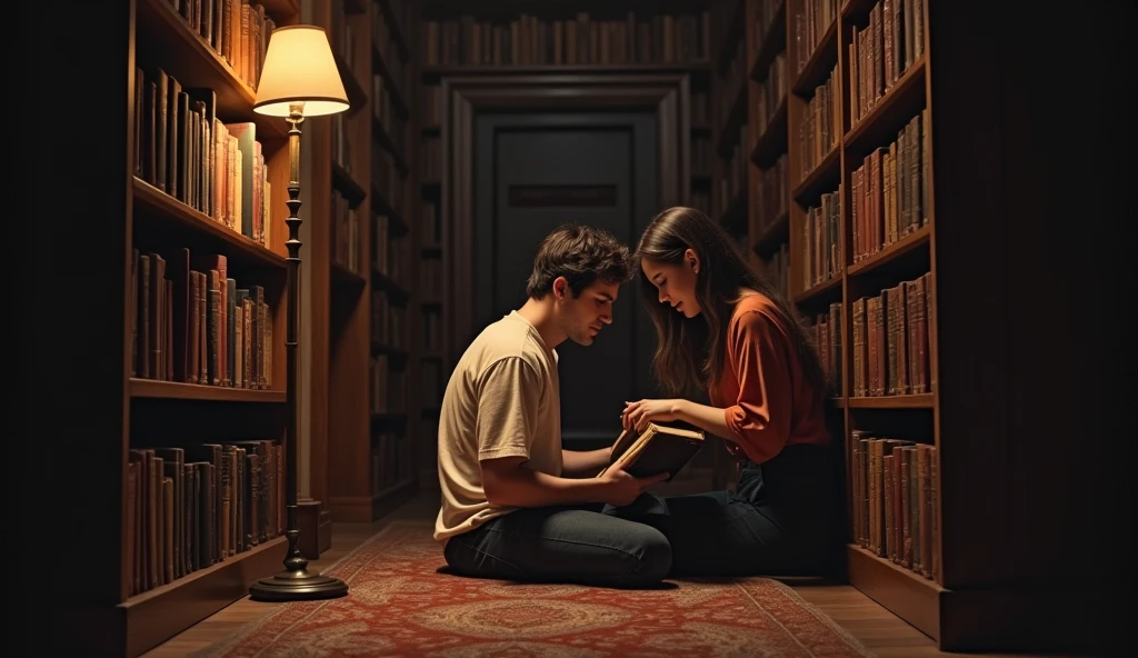 A quiet, old library with wooden shelves filled with books. A couple sits on the floor in a hidden corner, sharing a book. Their heads are close together, and they’re whispering to each other, the dim light from a nearby lamp casting a golden glow over them.