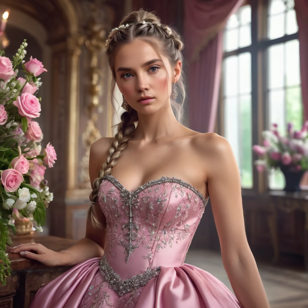 topless woman, serious, elegant, pink sundress, aristocratic, silver elements, long nails, bare shoulders, hairstyle, hair up, braid and ponytail, messy, arrogant, absurdes, detailed dress, royalty, celebration, hall decorated with flowers, cowboy shot, portrait, (best quality), (masterpiece), (highly detailed), (4k)