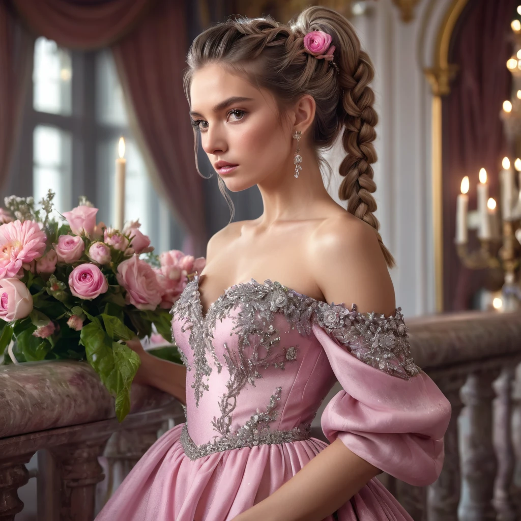 topless woman, serious, elegant, pink sundress, aristocratic, silver elements, long nails, bare shoulders, hairstyle, hair up, braid and ponytail, messy, arrogant, absurdes, detailed dress, royalty, celebration, hall decorated with flowers, cowboy shot, portrait, (best quality), (masterpiece), (highly detailed), (4k)
