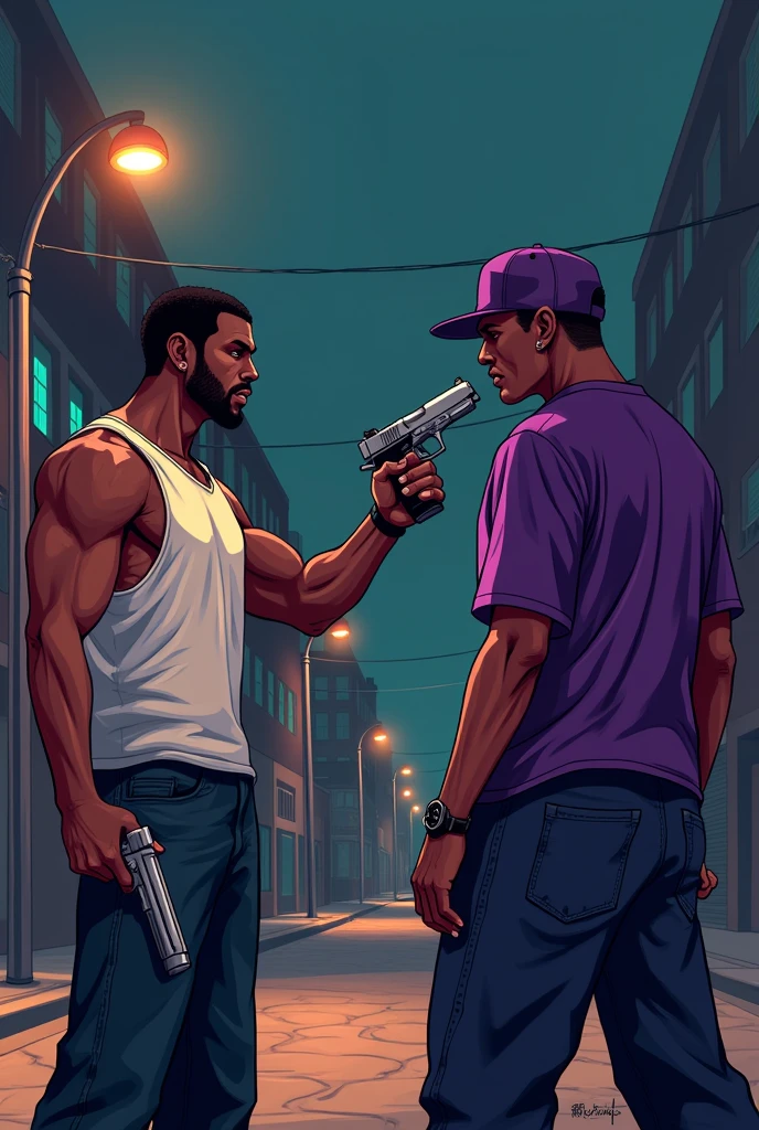 Create me a Pixart image of CJ from GTA killing a member of the ballas