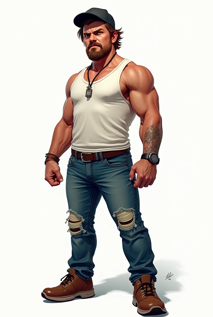 drawning, bright coloured, naughty man, 30years, 70 kilos, short stature, stark, Seriously, light brown, Black cap, white tank top, blue jeans, Brown Shoe, goatee, apocalypse survivor, Action scene, , white background, fully body 
