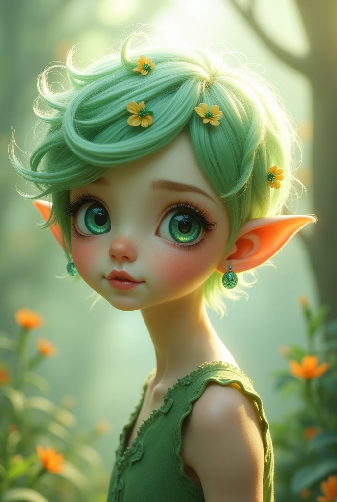 An adorable and tender with white skin, green eyes and short green hair.