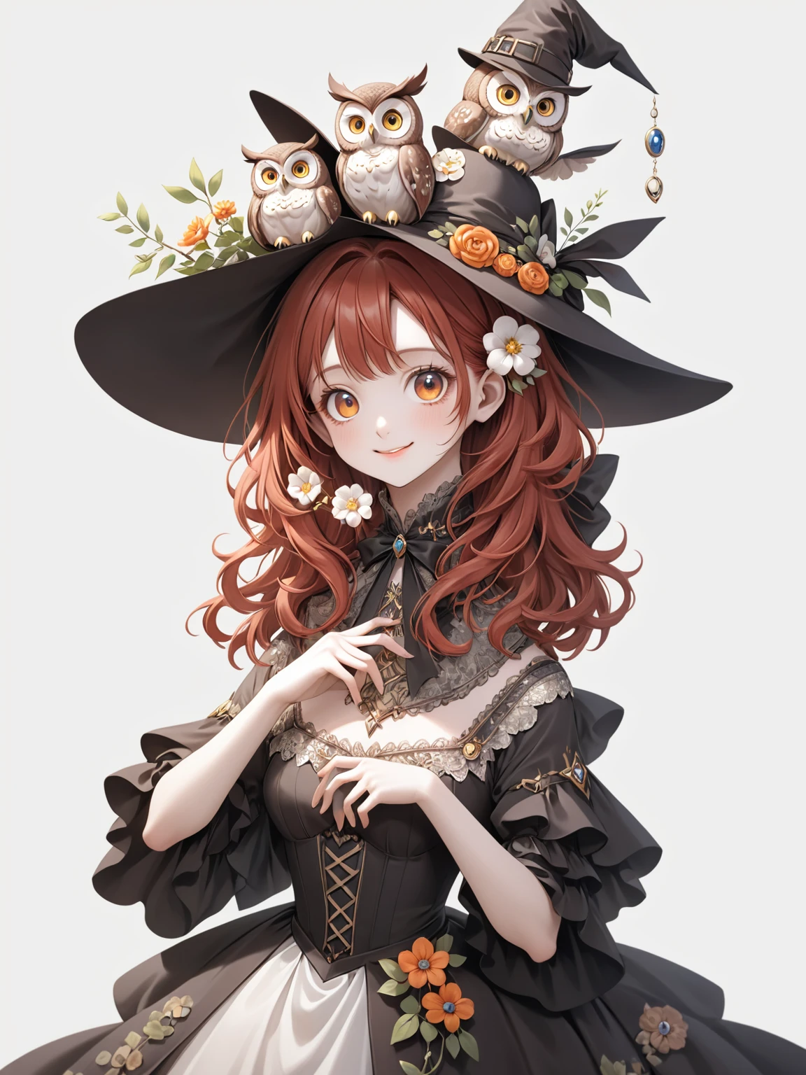 Highest quality、High resolution、(Beautiful face in every detail:1.4)、(Draw a picture to fit on the canvas:1.5)、Carefully draw your hands、Delicate hands、Elaborate hands、Anatomically correct、(Normal number of fingers:1.2)、(Highly detailed face)、Detailed eyes、Teenage Beauty、Perfect body line、Stand in the center、so beautiful、 (((Blank Background:1.5, No background:1.5, Background white:1.5)))、1people、(Upper Body:2.0)、woman、(Smile:1.5)、Halloween、witch、The hat is very small、(Redhead Hair:1.5)、(Medium straight hair:1.5)、(witchの小さい帽子:1.5)、(owl:1.5)、(1羽のとても大きいowl:1.5)、(owlとwomanは仲良し:1.5)、(owlはwomanの体の前腕にとまっている:1.5)、(There is a flower on the hat:1.5)、Unexposed clothing、(リアルなowl:1.5)、まるで写真のようなowl、Change the design of the clothes、(Victorian dress:1.5)、Robe、(owlは必ずいる乗っている:1.5)、Change the pose、