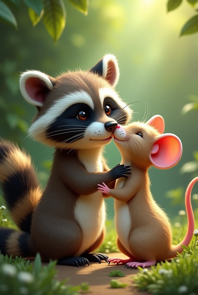 Raccoon kissing a rat