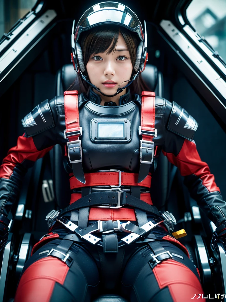 masterpiece, Highest quality, Very detailed, Japanese Android girl,Plump,Slightly thicker,Control panel,Android,cyborg,Blunt bangs,Sitting in the cockpit,Red combat uniform,Harness Belt,Helmet