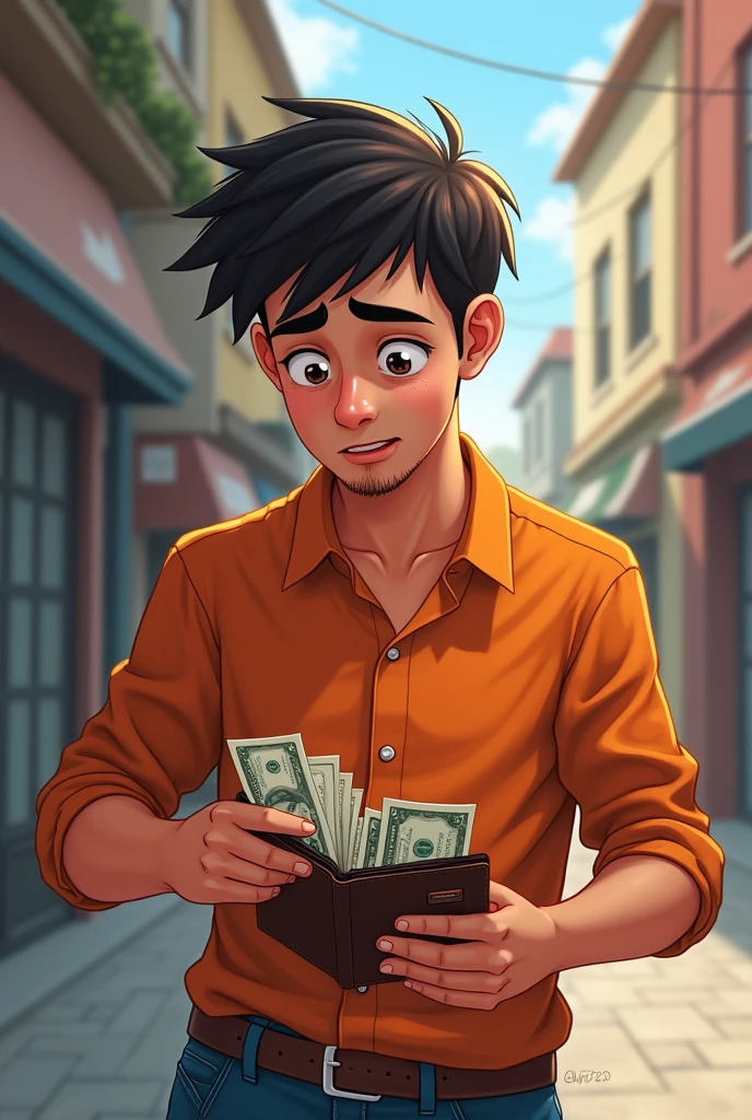  Andrés opens his wallet and sees the money along with his personal documents.. Temptation and worry are reflected on his face.. Andres is a young man wearing orange clothes and blue pants younger much younger younger on the street 
