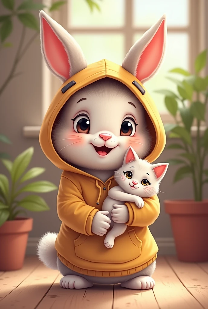Cute cartoon bunny hoodie and sweatshirt holding a kitten