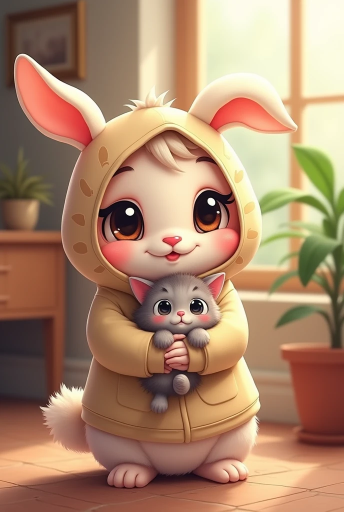 Cute cartoon bunny hoodie and sweatshirt holding a kitten