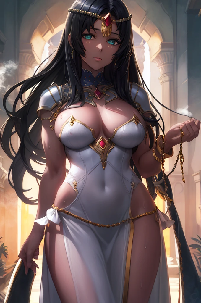 masterpiece,best quality,high resolution,8k,ultra HD,wallpaper,illustration,perfect face,cowboy shot,beautiful detailed eyes,extremely detailed face,perfect lighting,extremely detailed CG,perfect hands,perfect anatomy,perfect body,perfect hands,perfect fingers,1woman,full body,,(muscle fighter:1.1),black long hair,light green eyes,(large breasts:1.3),(Medium ass:1.1),medium nipples,(white dress:1.3),,clothed,,collarbone,,looking at viewer,(sexy look pose:1.3),Steam,sweat,rich home,(Fate Grand Order character scheherazade),adult,dark skin,