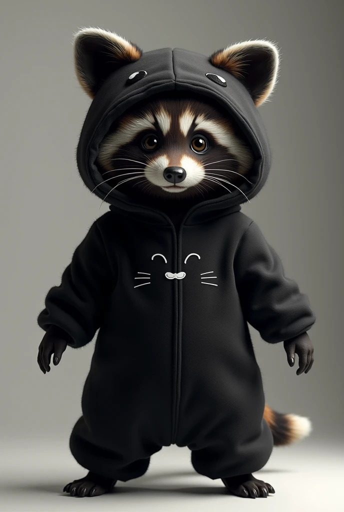 make me a raccoon wearing a black cat onesie, that the pajamas are shaped like a cat, and that it be completely black, only black, that the pajamas have cat ears and a kitten face