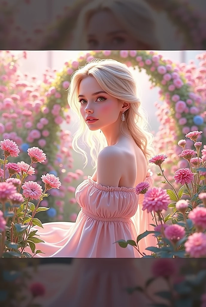 A beautiful young woman Jocelyn with long, flowing blonde hair, striking green eyes, delicate facial features, and a serene expression, standing in a lush, vibrant garden filled with colorful flowers, surrounded by warm, soft lighting, 1girl, cinematic, portrait, detailed face and eyes, elegant, serene, photorealistic, high resolution, 8k, ultra-detailed, intricate, dramatic lighting, glowing skin, ethereal, dreamlike