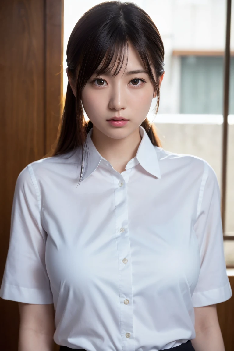 (8K, RAW photo, highest quality, high resolution: 1.1), (Ultra-realistic: 1.4), (Realistic, Realistic: 1.3), Japanese beauty, big breasts, white collared blouse, ((Upper body: 1.3)), has pink panties