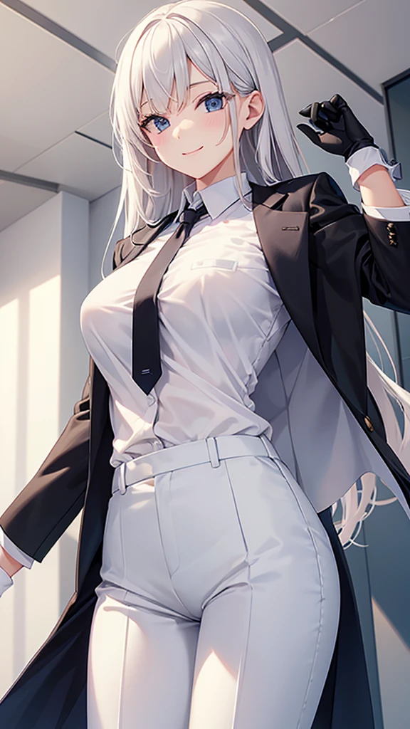 A woman wearing a white shirt and slacks　tie　smile　　Black gloves