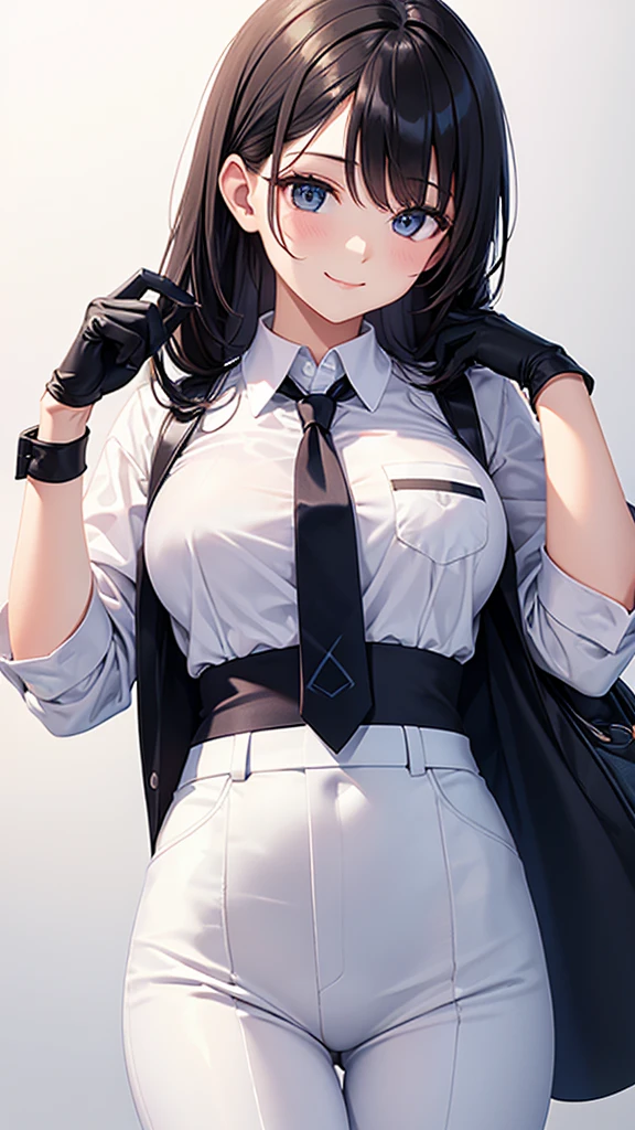A woman wearing a white shirt and slacks tie smile Black gloves